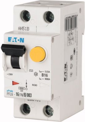 EATON 1P+N 16A B 30mA Type AC Noplūdes strāvas slēdzis ar pārslodzes aizsardzību PFL6-16/1N/B/003 286431 | Elektrika.lv