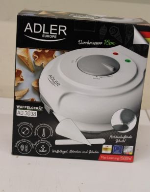 ADLER SALE OUT. Adler AD 3038 Waffle maker, 1500W, diameter 18cm, Forming cone included, white Adler Waffle maker AD 3038 Adler 1500 W Number of pastry 1 Round White DAMAGED PACKAGING | Adler | AD 3038 | Waffle maker | 1500 W | Number of pastry 1 | Round | AD 3038SO